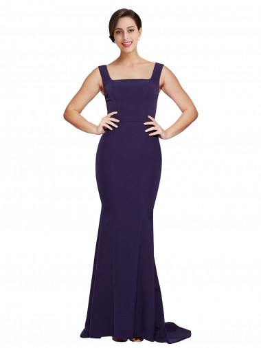 Cheap Square Neck Long Sweep Train Crepe Bridesmaid Dress with Thick Straps UK