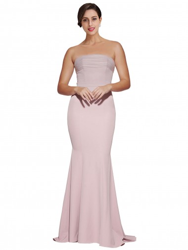 Cheap Straight Neck Long Strapless Crepe Bridesmaid Dress with Soft Tulle Overlay and Small Train UK