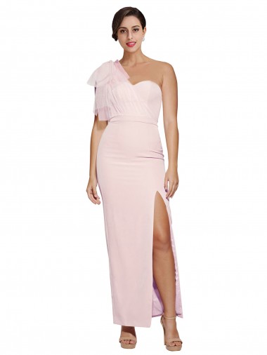 Cheap One Shoulder Tulle Overlay Sweetheart Neckline Long Crepe Bridesmaid Drss with Thigh Split UK