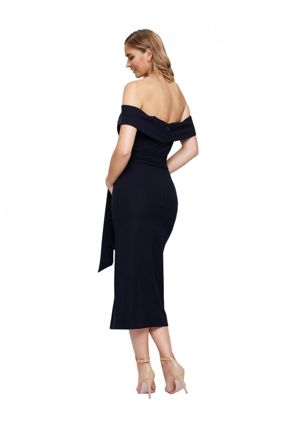 Fitted Short Midi Length Off the Shoulder Crepe Bridesmaid Dress with Side Split and Waist Tie