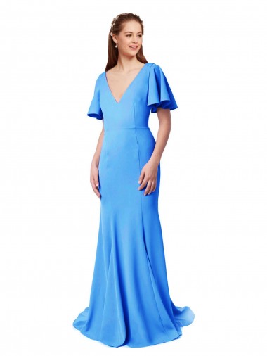 Cheap Short Sleeves Long V-Neck Crepe Bridesmaid Dress with V-Back UK