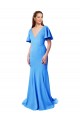 Short Sleeves Long V-Neck Crepe Bridesmaid Dress with V-Back