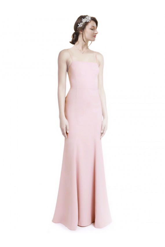 Square Neck Criss Cross Open Back Slim Crepe Bridesmaid Dress with Spaghetti Straps