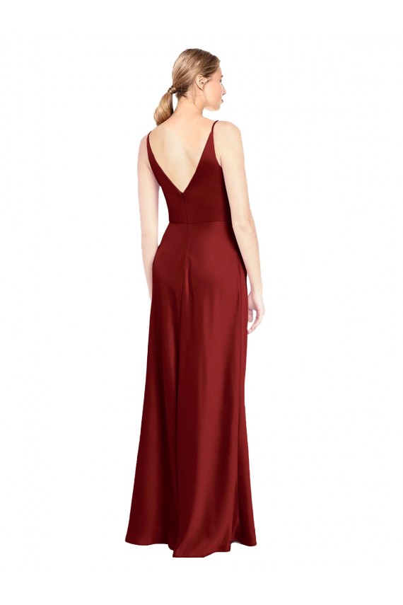 Full Length Long Stretch Satin Slip Bridesmaid Dress V-Back