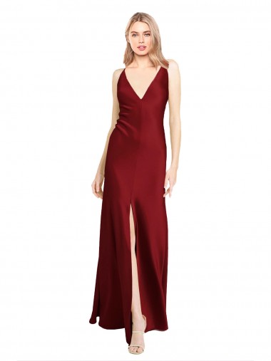Cheap Floor Length Deep V-Back Stretch Satin Bridesmaid Dress with Front Slit UK