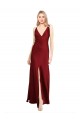 Floor Length Deep V-Back Stretch Satin Bridesmaid Dress with Front Slit