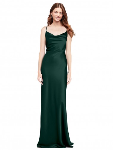 Cheap Fitted Cowl Neck Long Stretch Satin Slip Bridesmaid Dress with V-Back UK