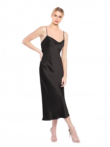 Cheap Cowl Neck Midi Length Short Stretch Satin Slip Bridesmaid Dress UK