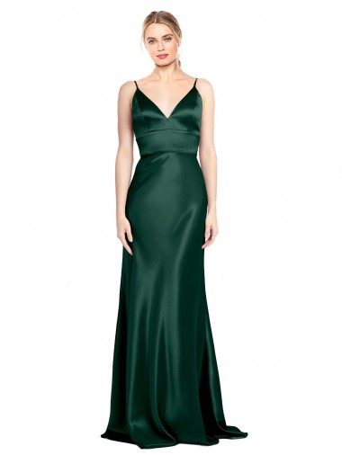 Cheap High V-Neck Long Full Length Sheath Stretch Satin Bridesmaid Dress UK