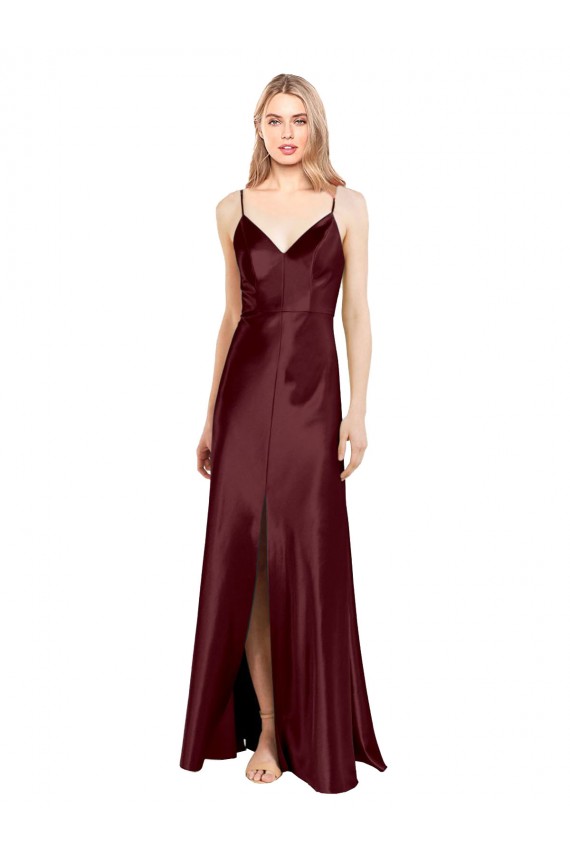 Sleek Spaghetti Straps V-Neck Stretch Satin Bridesmaid Dress with Center Front Slit
