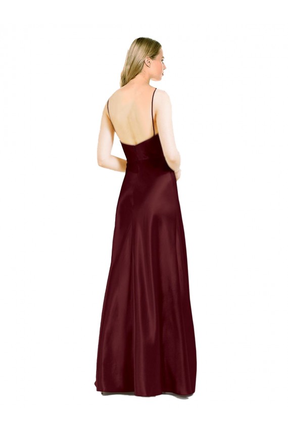 Sleek Spaghetti Straps V-Neck Stretch Satin Bridesmaid Dress with Center Front Slit