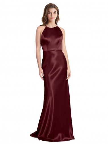 Cheap High Neck Halter Long Sleeveless Stretch Satin Bridesmaid Dress with Strappy Back UK