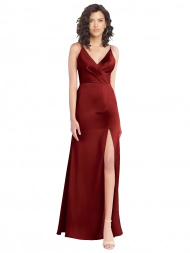 Cheap Faux Surplice Neckline Long Slim A-Line Stretch Satin Bridesmaid Dress UK