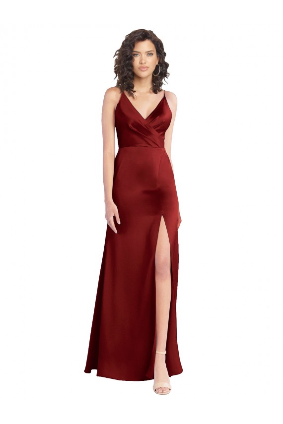 Faux Surplice Neckline Long Slim A-Line Stretch Satin Bridesmaid Dress