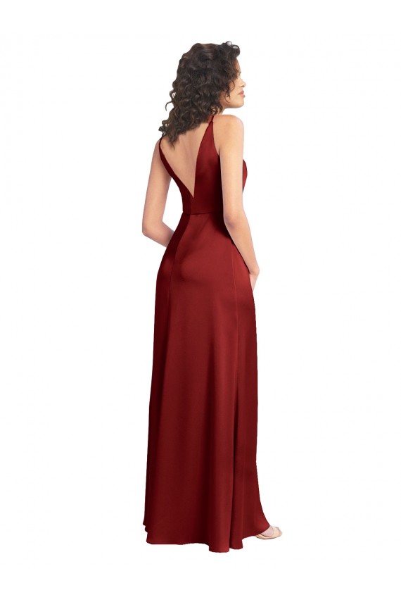 Faux Surplice Neckline Long Slim A-Line Stretch Satin Bridesmaid Dress
