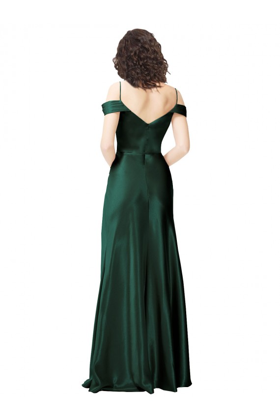 Off the Shoulder Sleeves Long Stretch Satin Bridesmaid Dress with Pleated Draped Neckline