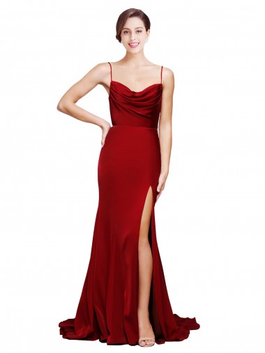 Cheap Cowl Front Neck Sweep Train Stretch Satin Bridesmaid Dress with High Side Split UK