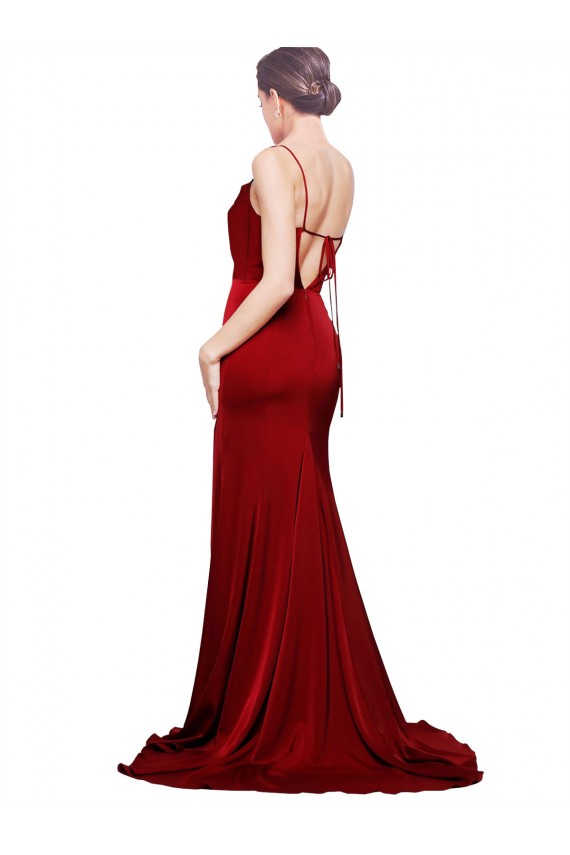 Cowl Front Neck Sweep Train Stretch Satin Bridesmaid Dress with High Side Split