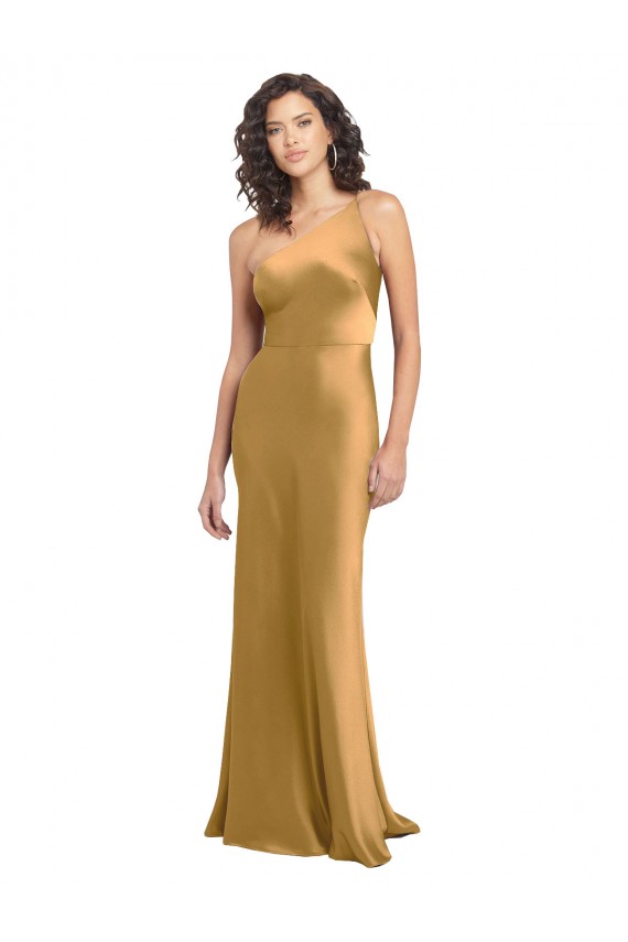 One Shoulder Long Floor Length Stretch Satin Slip Bridesmaid Dress