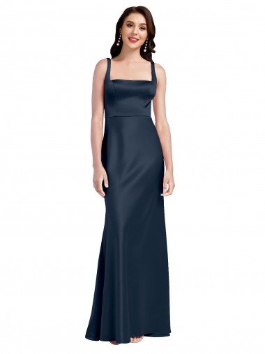 Cheap Square Neck A-Line Long Stretch Satin Bridesmaid Dress with Wide Straps UK