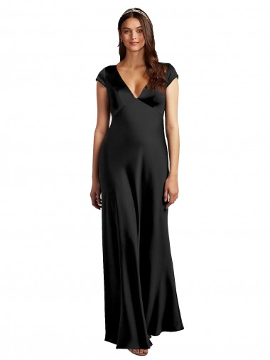 Cheap Plunging V-Neck Cap Cleeves Long Stretch Satin Bridesmaid Dress with Keyhole Back UK