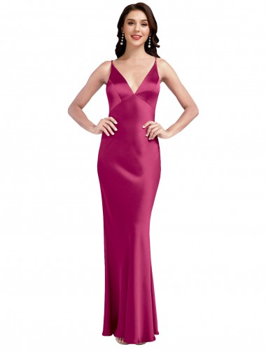 Cheap V-Neck Spaghetti Straps Slim Stretch Satin Bridesmaid Dress with Low Scoop Back UK