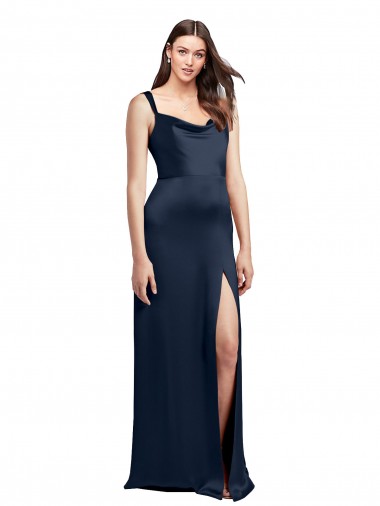 Cheap Cowl Neck Soft Long Stretch Satin Bridesmaid Dress with Side Slit and Pleated Straps UK