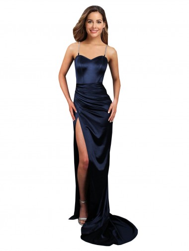 Cheap Pleated Sash Skirt Long Stretch Satin Bridesmaid Dress with High Slit UK