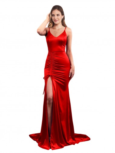 Cheap Long Pleated Stretch Satin Bridesmaid Dress with High Slit UK