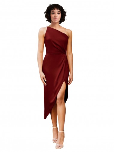 Cheap One Shoulder Midi Length Short Stretch Satin Wrap Style Bridesmaid Dress UK