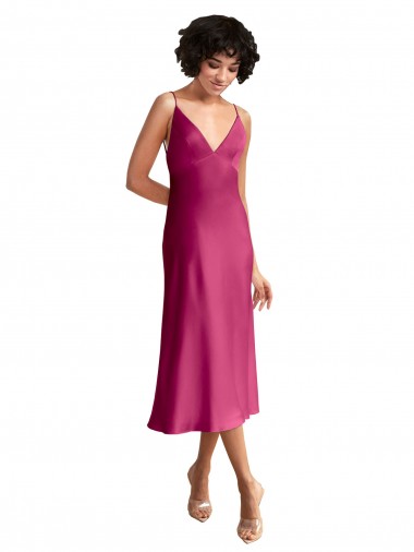 Cheap Midi Length V-Neck Short Stretch Satin Bridesmaid Dress with Low Scoop Back UK