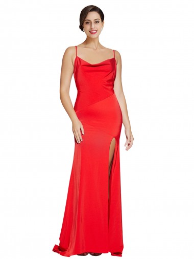 Cheap Low Back Cowl Neck Stretch Satin Bridesmaid Dress with High Side Slit UK