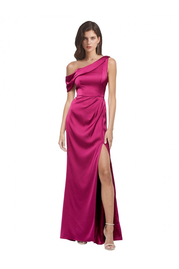 Off the Shoulder Short Sleeves Stretch Satin Bridesmaid Dress with Side Slit