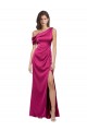 Off the Shoulder Short Sleeves Stretch Satin Bridesmaid Dress with Side Slit