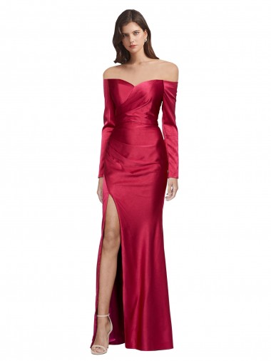 Cheap Long Sleeves Off the Shoulder Stretch Satin Bridesmaid Dress with High Side Split UK