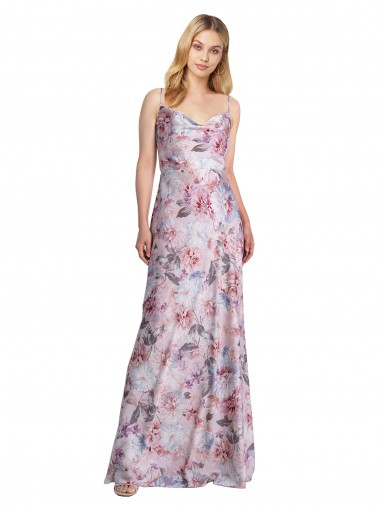 Cheap Draped Cowl Neck Long Printed Stretch Satin Bridesmaid Dress UK