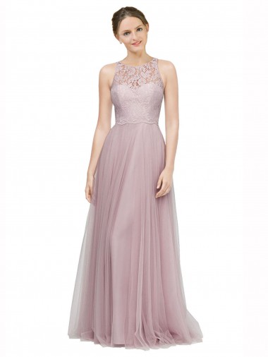 Cheap High Neck Long Tulle Bridesmaid Dress with Lace Bodice UK