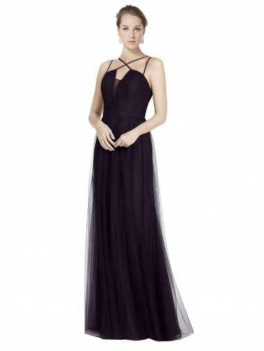 Cheap High Neck Long A-Line Tulle Bridesmaid Dress UK