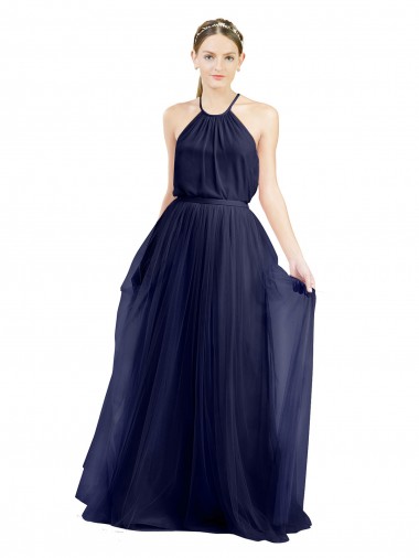 Cheap Long A-Line High Neck Halter Tulle Bridesmaid Dress UK