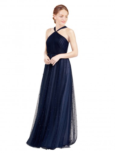 Cheap Floor Length Long Halter Pleated Tulle Bridesmaid Dress UK