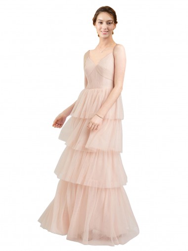 Cheap V-Neck A-Line Layered Long Tulle Bridesmaid Dress UK
