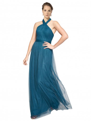Cheap High Neck Halter Pleated A-Line Tulle Bridesmaid Dress UK