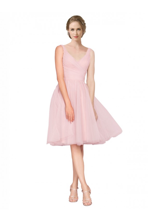 Short Knee Length Wide Strap Plunge Cross Over Neckline Tulle Bridesmaid Dress