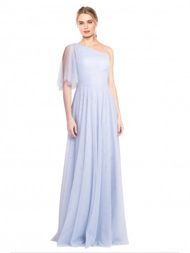 Cheap Flutter Sleeves One Shoulder Long Tulle Bridesmaid Dress UK