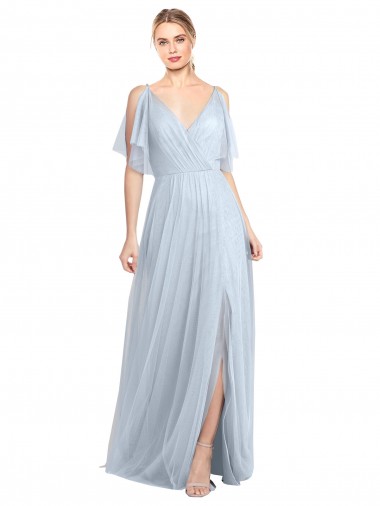 Cheap Floor Length Flutter Sleeves Long Tulle Bridesmaid Dress with Side Slit UK
