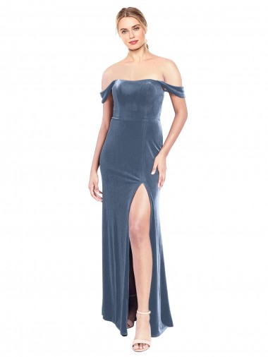Cheap Draped Sleeves Wide Scoop Neck Off the Shoulder Velvet Bridesmaid Dress UK