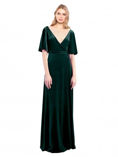 Cheap Deep V-Neck Flutter Sleeves Long Velvet Wrap Bridesmaid Dress UK