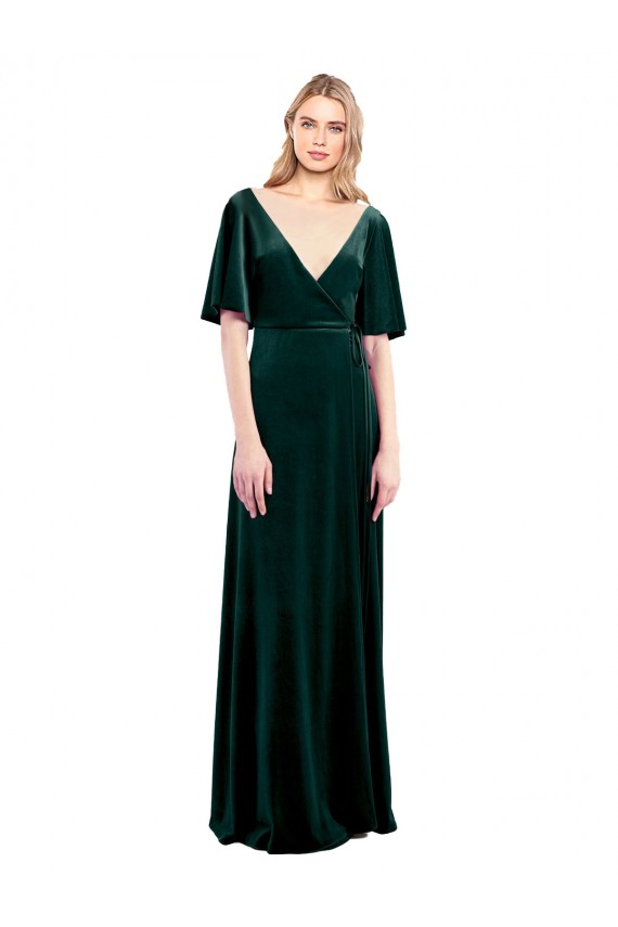 Deep V-Neck Flutter Sleeves Long Velvet Wrap Bridesmaid Dress