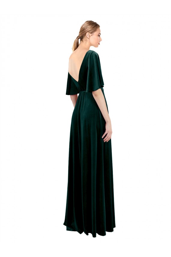 Deep V-Neck Flutter Sleeves Long Velvet Wrap Bridesmaid Dress