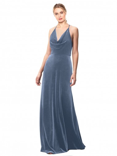 Cheap Halter Cowl Neck Long A-Line Velvet Bridesmaid Dress with Keyhole Back UK